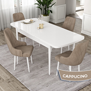 Eta Serisi 80x132 Açılabilir Mdf Beyaz Masa Takımı Ve 4 Cappucino Sandalye Cappucino