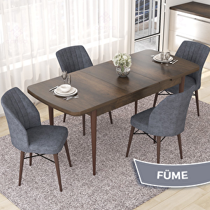 Nef Serisi 70x114 Açılabilir Mdf Barok Ahşap Desen Masa Takımı Ve 4 Füme Sandalye Füme