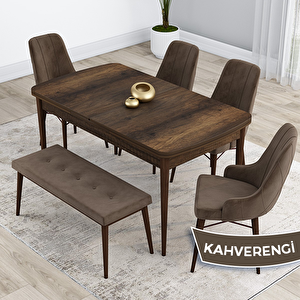 Kar Serisi 80x132 Açılabilir Mdf Barok Ahşap Desen Masa Takımı 4 Kahverengi Sandalye Ve 1 Bench Kahverengi
