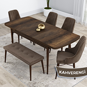 Kar Serisi 80x132 Açılabilir Mdf Barok Ahşap Desen Masa Takımı 4 Kahverengi Sandalye Ve 1 Bench Kahverengi