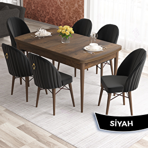 Elf Serisi 80x132 Açılabilir Barok Ahşap Desen Masa Takımı Ve 6 Siyah Sandalye Siyah