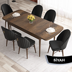 Elf Serisi 80x132 Açılabilir Barok Ahşap Desen Masa Takımı Ve 6 Siyah Sandalye Siyah