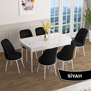 Han Serisi 70x114 Açılabilir Mdf Beyaz Mermer Desen Masa Takımı Ve 6 Siyah Sandalye Siyah