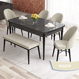 Elf Serisi 80x132 Açılabilir Siyah Mermer Desen Masa Takımı 4 Krem Sandalye Ve 1 Bench Krem