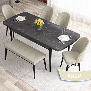 Elf Serisi 80x132 Açılabilir Siyah Mermer Desen Masa Takımı 4 Krem Sandalye Ve 1 Bench Krem