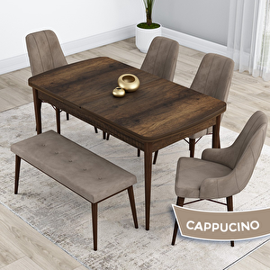 Kar Serisi 80x132 Açılabilir Mdf Barok Ahşap Desen Masa Takımı 4 Cappucino Sandalye Ve 1 Bench Cappucino