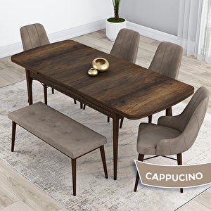 Kar Serisi 80x132 Açılabilir Mdf Barok Ahşap Desen Masa Takımı 4 Cappucino Sandalye Ve 1 Bench Cappucino