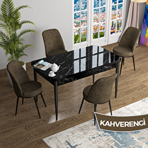 Han Serisi 70x114 Açılabilir Mdf Siyah Mermer Desen Masa Takımı Ve 4 Kahverengi Sandalye Kahverengi