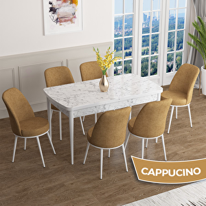 Han Serisi 70x114 Açılabilir Mdf Beyaz Mermer Desen Masa Takımı Ve 6 Cappucino Sandalye Cappucino