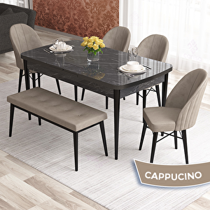 Elf Serisi 80x132 Açılabilir Siyah Mermer Desen Masa Takımı 4 Cappucino Sandalye Ve 1 Bench Cappucino