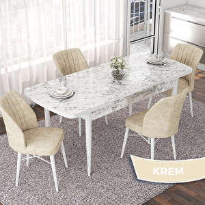 Nef Serisi 70x114 Açılabilir Mdf Beyaz Mermer Desen Masa Takımı Ve 4 Krem Sandalye Krem