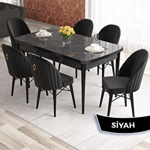 Elf Serisi 80x132 Açılabilir Siyah Mermer Desen Masa Takımı Ve 6 Siyah Sandalye Siyah