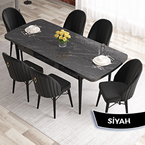 Elf Serisi 80x132 Açılabilir Siyah Mermer Desen Masa Takımı Ve 6 Siyah Sandalye Siyah