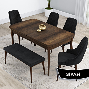 Kar Serisi 80x132 Açılabilir Mdf Barok Ahşap Desen Masa Takımı 4 Siyah Sandalye Ve 1 Bench Siyah