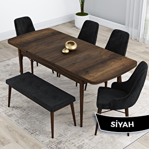 Kar Serisi 80x132 Açılabilir Mdf Barok Ahşap Desen Masa Takımı 4 Siyah Sandalye Ve 1 Bench Siyah