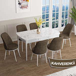 Han Serisi 70x114 Açılabilir Mdf Beyaz Mermer Desen Masa Takımı Ve 6 Kahverengi Sandalye Kahverengi