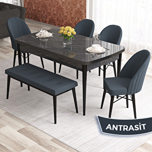 Elf Serisi 80x132 Açılabilir Siyah Mermer Desen Masa Takımı 4 Antrasit Sandalye Ve 1 Bench Antrasit