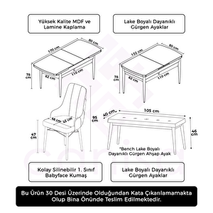 Kar Serisi 80x132 Açılabilir Mdf Barok Ahşap Desen Masa Takımı 4 Krem Sandalye Ve 1 Bench