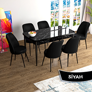 Han Serisi 70x114 Açılabilir Mdf Siyah Mermer Desen Masa Takımı Ve 6 Siyah Sandalye Siyah