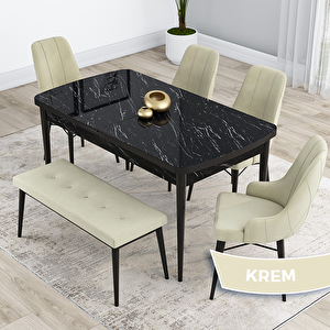 Kar Serisi 80x132 Açılabilir Mdf Siyah Mermer Desen Masa Takımı 4 Krem Sandalye Ve 1 Bench Krem
