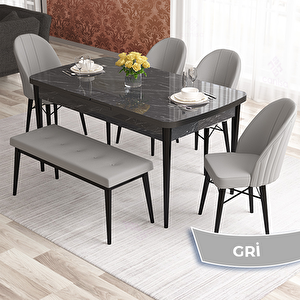 Elf Serisi 80x132 Açılabilir Siyah Mermer Desen Masa Takımı 4 Gri Sandalye Ve 1 Bench Gri