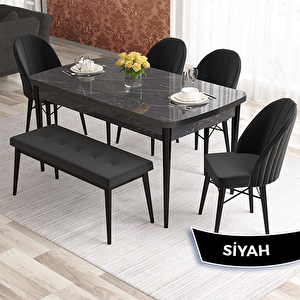 Elf Serisi 80x132 Açılabilir Siyah Mermer Desen Masa Takımı 4 Siyah Sandalye Ve 1 Bench Siyah