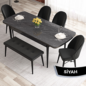 Elf Serisi 80x132 Açılabilir Siyah Mermer Desen Masa Takımı 4 Siyah Sandalye Ve 1 Bench Siyah