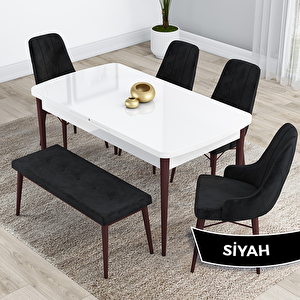 Kar Serisi 80x132 Açılabilir Mdf Beyaz Ceviz Ayak Masa Takımı 4 Siyah Sandalye Ve 1 Bench Siyah