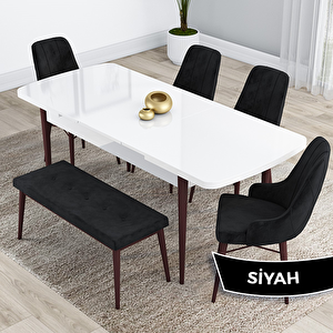Kar Serisi 80x132 Açılabilir Mdf Beyaz Ceviz Ayak Masa Takımı 4 Siyah Sandalye Ve 1 Bench Siyah