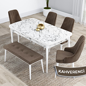 Kar Serisi 80x132 Açılabilir Mdf Beyaz Mermer Desen Masa Takımı 4 Kahverengi Sandalye Ve 1 Bench Kahverengi