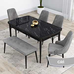 Kar Serisi 80x132 Açılabilir Mdf Siyah Mermer Desen Masa Takımı 4 Gri Sandalye Ve 1 Bench Gri