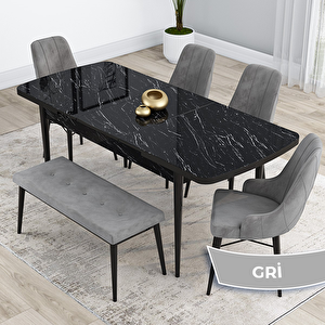 Kar Serisi 80x132 Açılabilir Mdf Siyah Mermer Desen Masa Takımı 4 Gri Sandalye Ve 1 Bench Gri