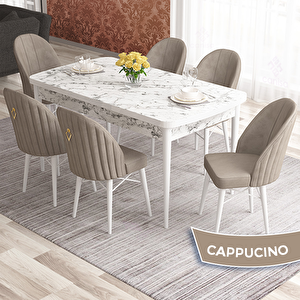 Elf Serisi 80x132 Açılabilir Beyaz Mermer Desen Masa Takımı Ve 6 Cappucino Sandalye Cappucino