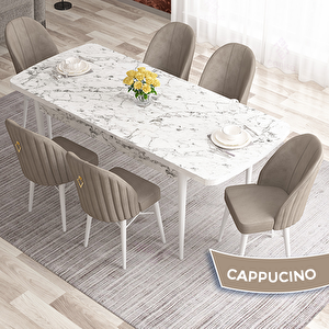 Elf Serisi 80x132 Açılabilir Beyaz Mermer Desen Masa Takımı Ve 6 Cappucino Sandalye Cappucino