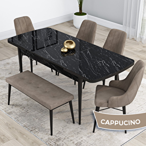 Kar Serisi 80x132 Açılabilir Mdf Siyah Mermer Desen Masa Takımı 4 Cappucino Sandalye Ve 1 Bench Cappucino