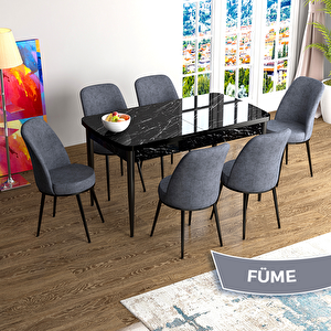 Han Serisi 70x114 Açılabilir Mdf Siyah Mermer Desen Masa Takımı Ve 6 Füme Sandalye Füme