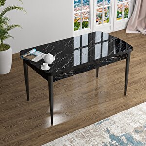 Han Serisi 70x114 Açılabilir Mdf Siyah Mermer Desen Masa Takımı Ve 6 Füme Sandalye Füme