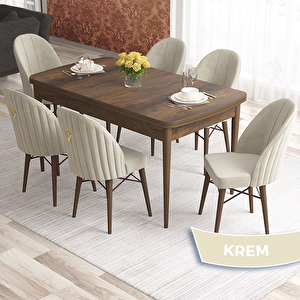 Elf Serisi 80x132 Açılabilir Barok Ahşap Desen Masa Takımı Ve 6 Krem Sandalye Krem