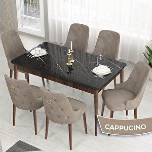 Lav Serisi 80x132 Siyah Mermer Desen Ceviz Ayak Masa Takımı Ve Gold Halkalı 6 Cappucino Sandalye Cappucino