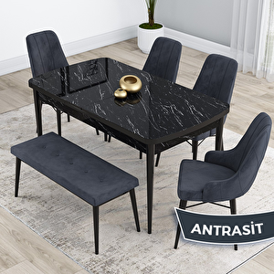 Kar Serisi 80x132 Açılabilir Mdf Siyah Mermer Desen Masa Takımı 4 Antrasit Sandalye Ve 1 Bench Antrasit