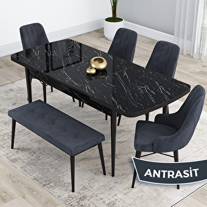 Kar Serisi 80x132 Açılabilir Mdf Siyah Mermer Desen Masa Takımı 4 Antrasit Sandalye Ve 1 Bench Antrasit