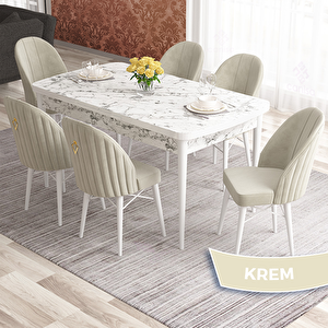 Elf Serisi 80x132 Açılabilir Beyaz Mermer Desen Masa Takımı Ve 6 Krem Sandalye Krem