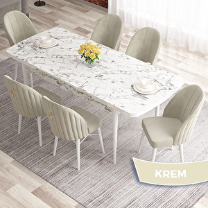 Elf Serisi 80x132 Açılabilir Beyaz Mermer Desen Masa Takımı Ve 6 Krem Sandalye Krem