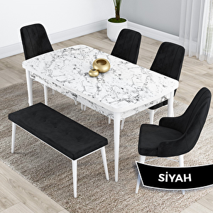 Kar Serisi 80x132 Açılabilir Mdf Beyaz Mermer Desen Masa Takımı 4 Siyah Sandalye Ve 1 Bench Siyah