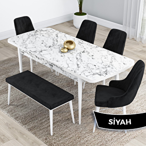 Kar Serisi 80x132 Açılabilir Mdf Beyaz Mermer Desen Masa Takımı 4 Siyah Sandalye Ve 1 Bench Siyah