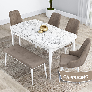 Kar Serisi 80x132 Açılabilir Mdf Beyaz Mermer Desen Masa Takımı 4 Cappucino Sandalye Ve 1 Bench Cappucino