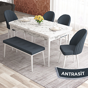 Elf Serisi 80x132 Açılabilir Beyaz Mermer Desen Masa Takımı 4 Antrasit Sandalye Ve 1 Bench Antrasit