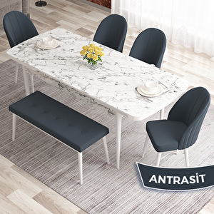 Elf Serisi 80x132 Açılabilir Beyaz Mermer Desen Masa Takımı 4 Antrasit Sandalye Ve 1 Bench Antrasit