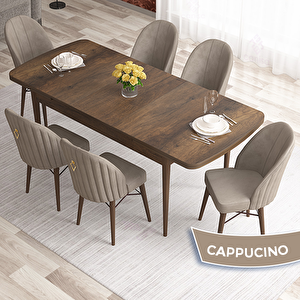 Elf Serisi 80x132 Açılabilir Barok Ahşap Desen Masa Takımı Ve 6 Cappucino Sandalye Cappucino