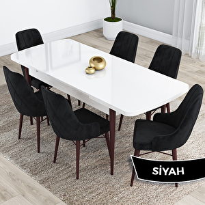 Kar Serisi 80x132 Açılabilir Mdf Beyaz Ceviz Ayak Masa Takımı Ve 6 Siyah Sandalye Siyah
